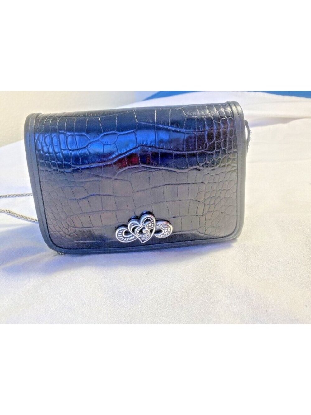 Brighton Boxy Black Croc Leather Silver Chain Strap Crossbody Bag 8.5 x 6 x 3"